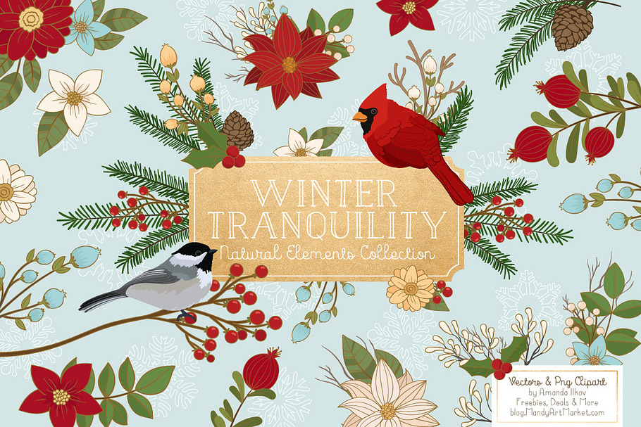 Christmas Birds & Flowers Vectors in Illustrations - product preview 8