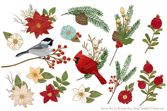 Christmas Birds & Flowers Vectors in Illustrations - product preview 2