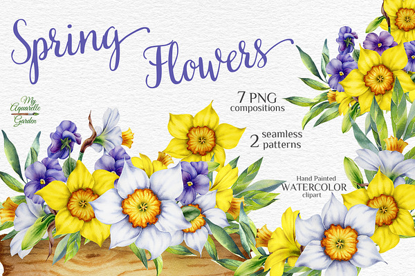 Watercolor spring flowers set