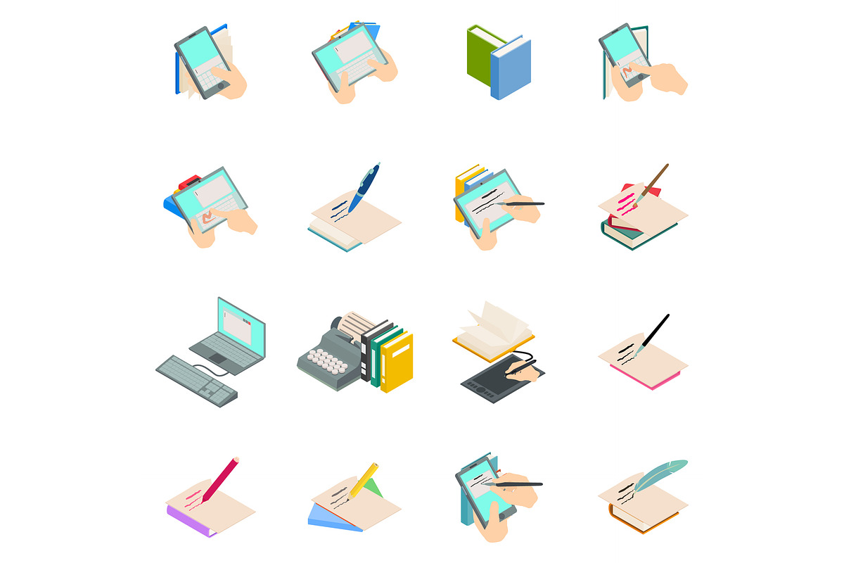 Novelist icons set, isometric style in Illustrations - product preview 8