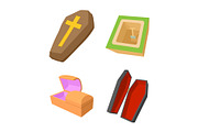 Coffin icon set, cartoon style