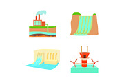 Hydropower icon set, cartoon style