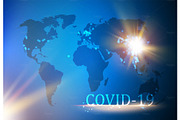 Covid concept image on a blue map