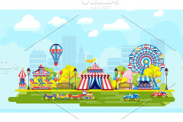 Colorful amusement park in city