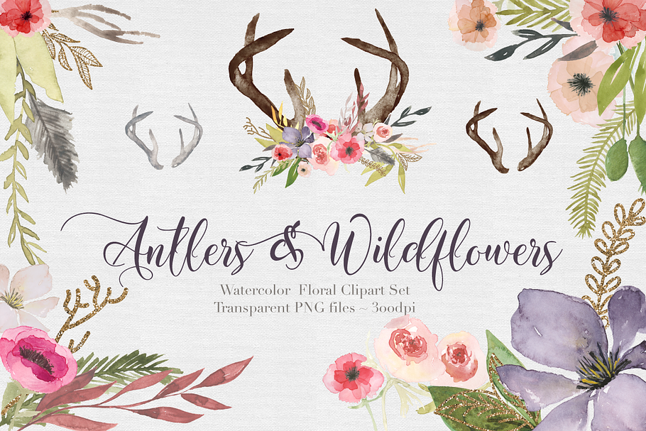 Antlers & flowers Watercolor Clipart in Illustrations - product preview 8