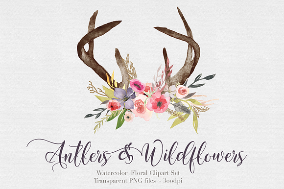 Antlers & flowers Watercolor Clipart in Illustrations - product preview 1