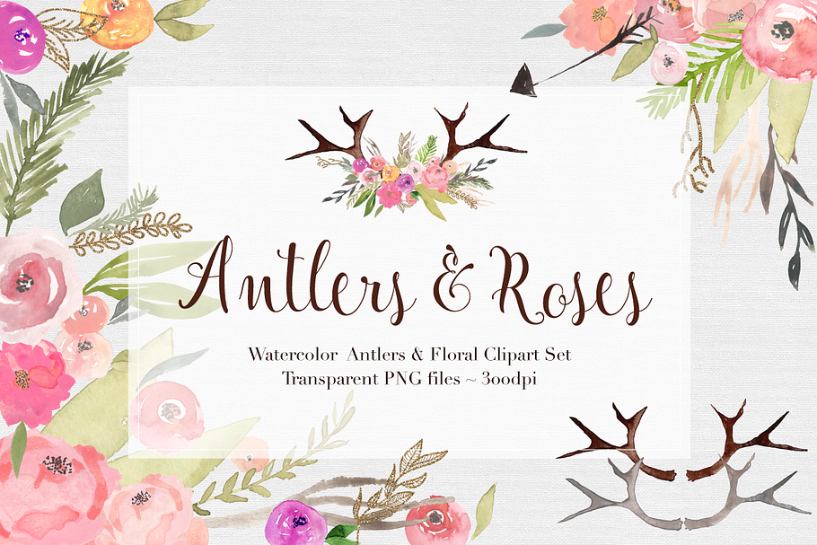 Antlers & Roses Watercolor Clipart