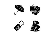 Travel accessories glyph icons set