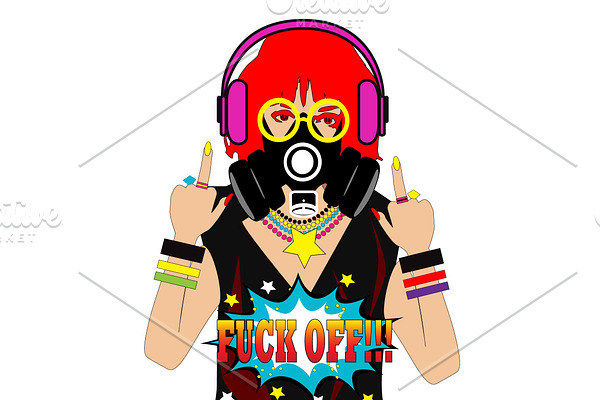 Red hair girl with gas mask, headpho