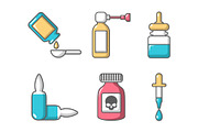 Drugs icon set, cartoon style