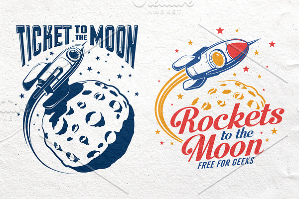 Space Rocket And Moon Set