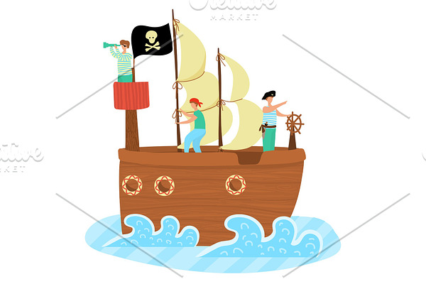 Kids pirate ship sailing in the sea