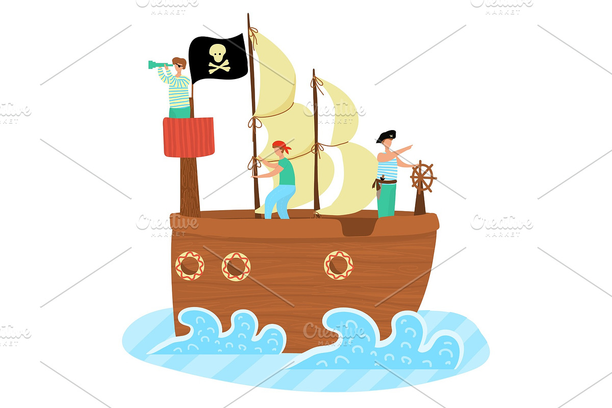 Kids pirate ship sailing in the sea in Objects - product preview 8