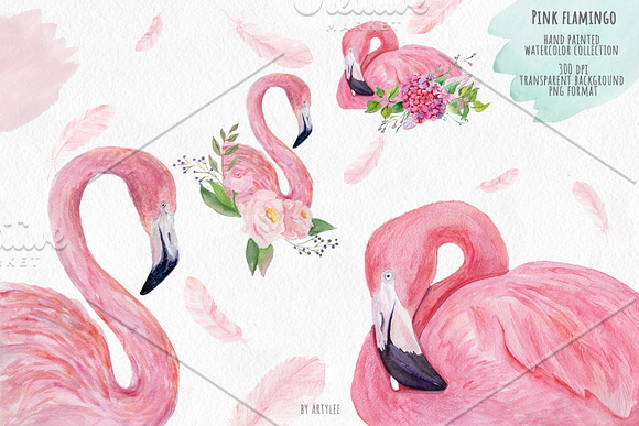 Pink Flamingo Watercolor Collection in Illustrations - product preview 4