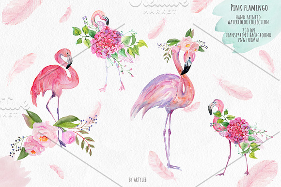 Pink Flamingo Watercolor Collection in Illustrations - product preview 5