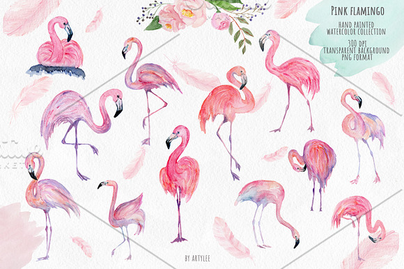 Pink Flamingo Watercolor Collection in Illustrations - product preview 6