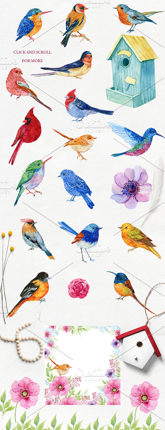 collection of watercolor birds in Illustrations - product preview 2