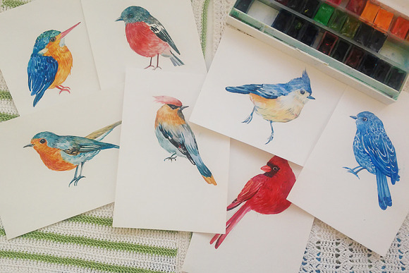 collection of watercolor birds in Illustrations - product preview 3