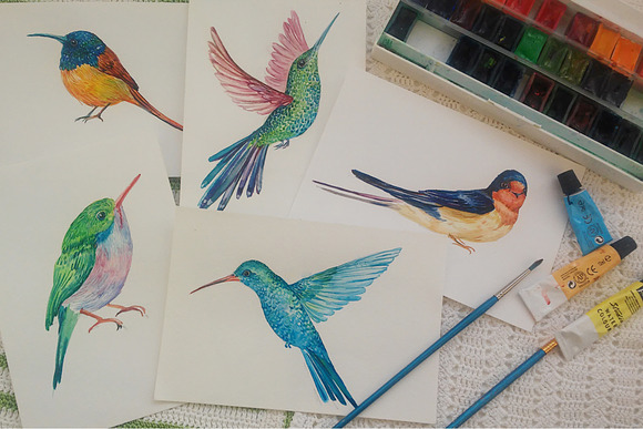 collection of watercolor birds in Illustrations - product preview 7