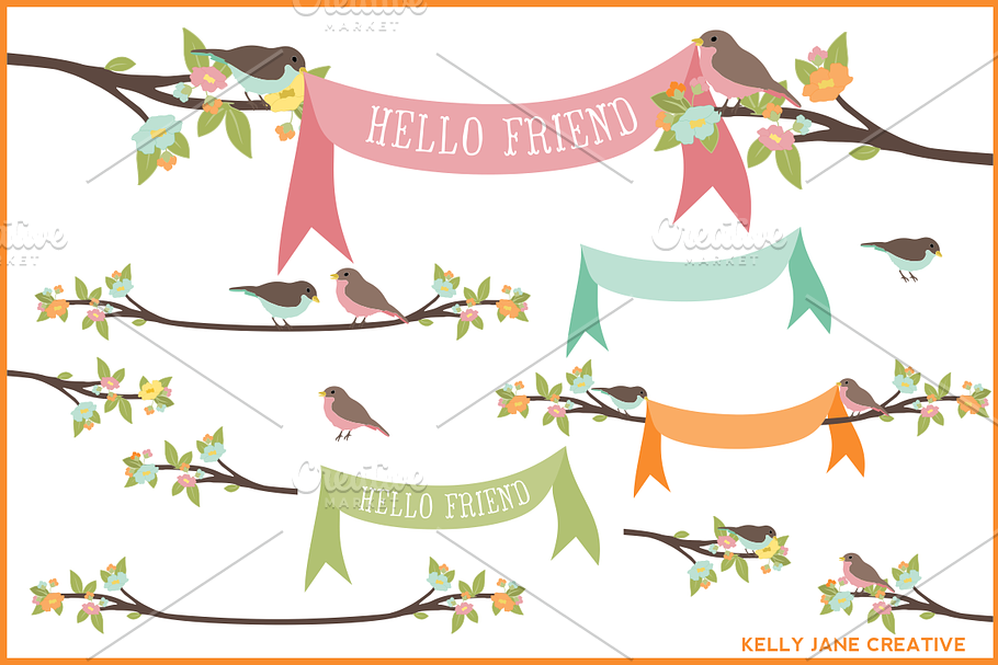 Pastel Birds on Branches w/ Banners