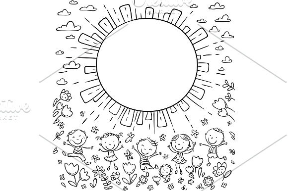 Sun frame with happy kids in Illustrations - product preview 1