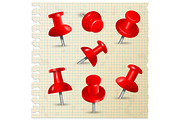 Red pins. Thumbtack push paper notes