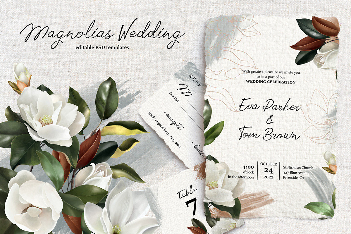 Vintage Magnolias Wedding set in Wedding Templates - product preview 8