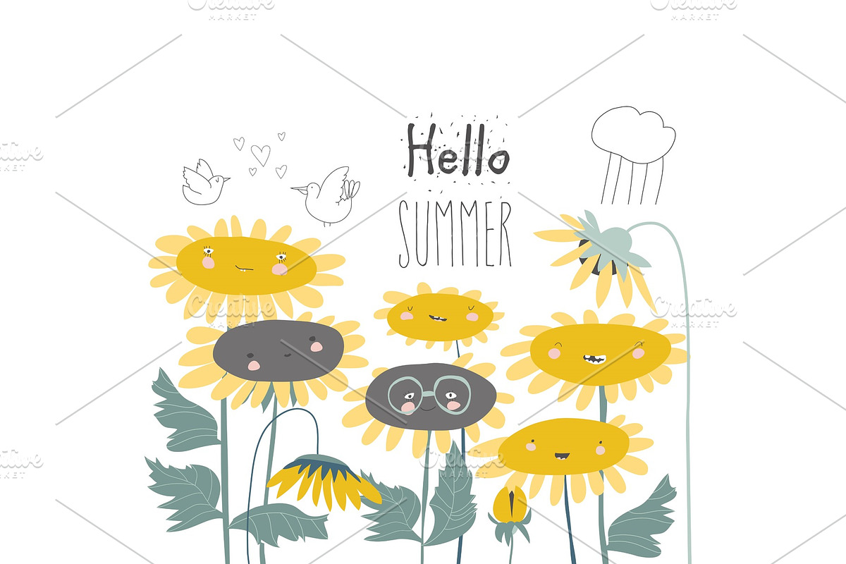 Cute cartoon smiling sunflowers in Illustrations - product preview 8