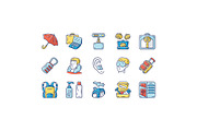 Travel accessories color icons set