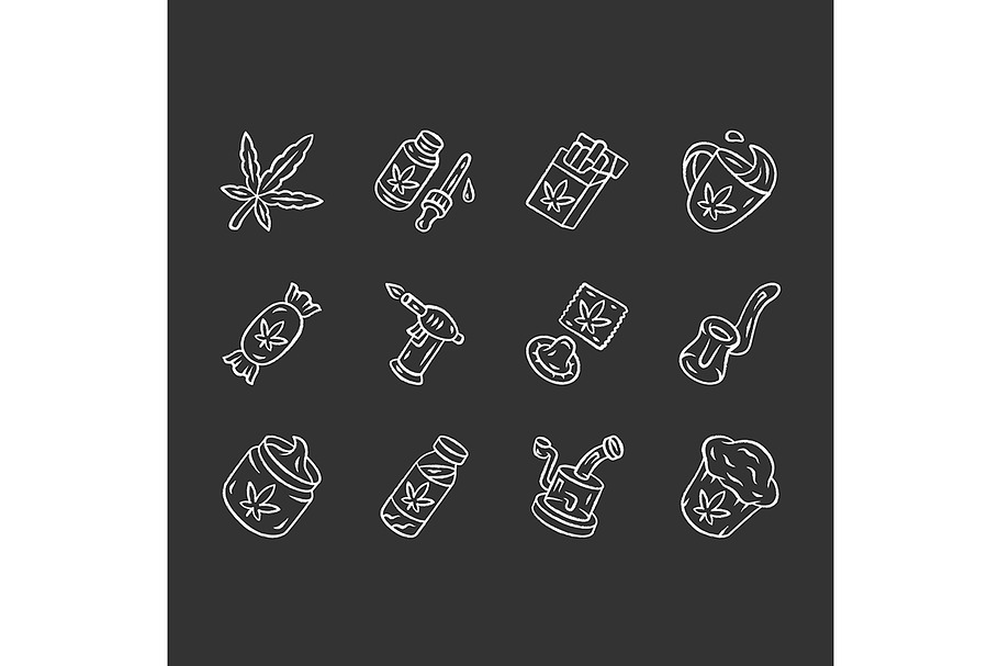Weed products chalk icons set