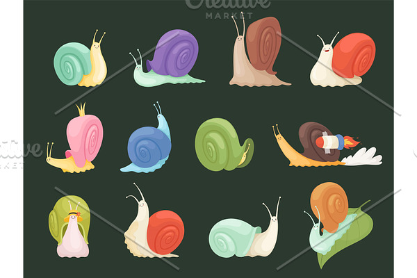Snails characters. Cartoon insects