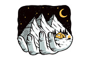 Hand mountain night illustration