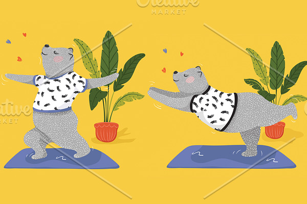 3 cute yoga bear. Bear illustration