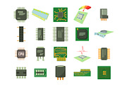 Micro chip icon set, cartoon style