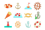 Sea object icon set, cartoon style