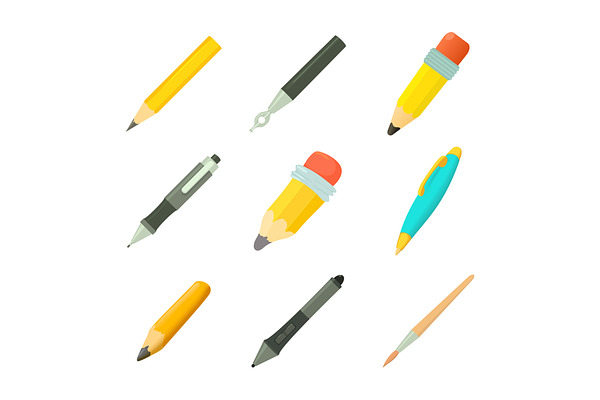 Pens icon set, cartoon style