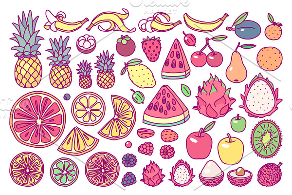 vector cute drawn fruits set
