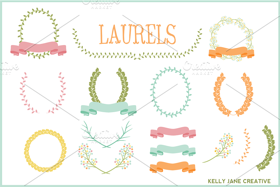 Pastel Laurels, Ribbons & Wreaths