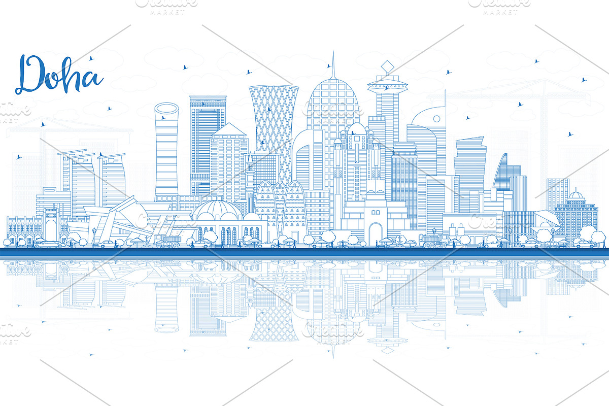 Outline Doha Qatar City Skyline in Illustrations - product preview 8