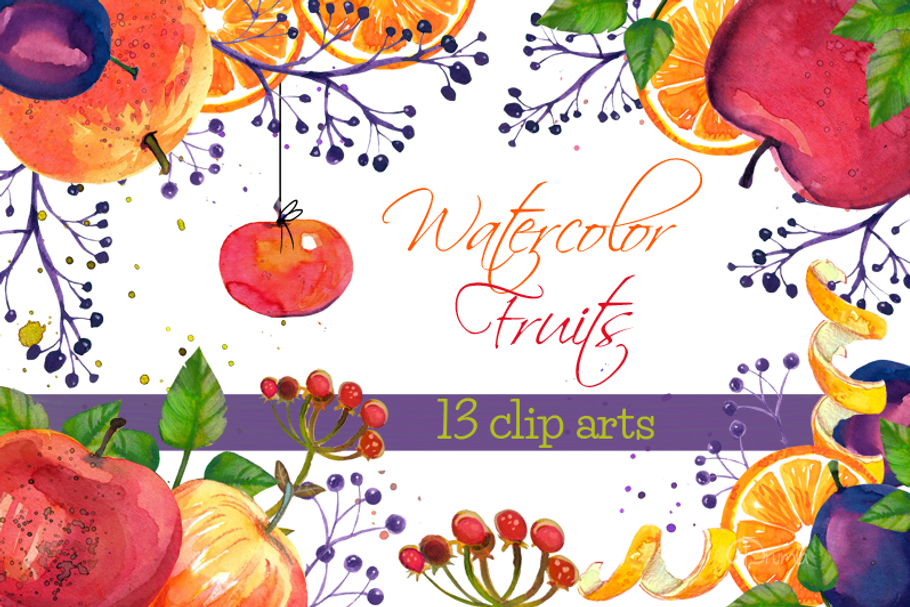 Watercolot Fruits 13 clip arts set in Illustrations - product preview 8