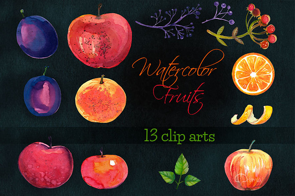 Watercolot Fruits 13 clip arts set in Illustrations - product preview 1