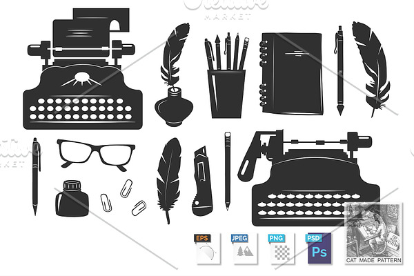 Writer supplies stationery icons set