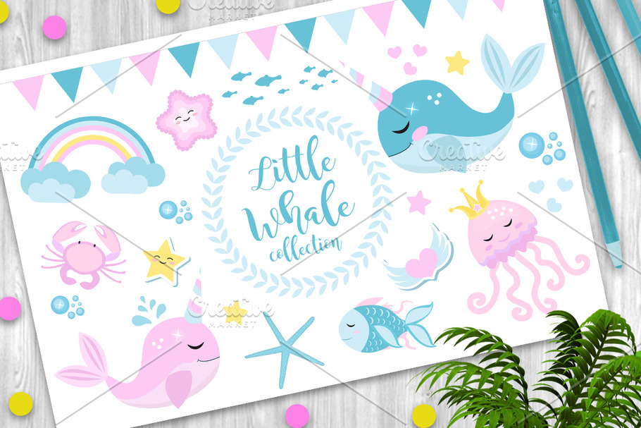 Little whale unicorn set, modern in Illustrations - product preview 8