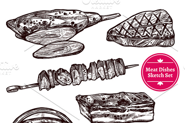 Meat dishes sketch icons set