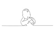 one line drawing. Joyful baby eating