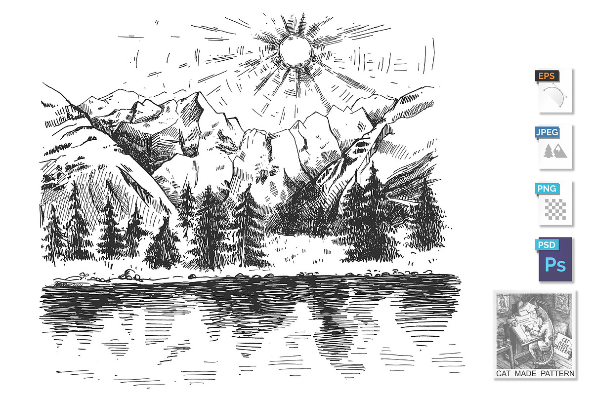 Sunrise in mountains forest and lake in Illustrations - product preview 8