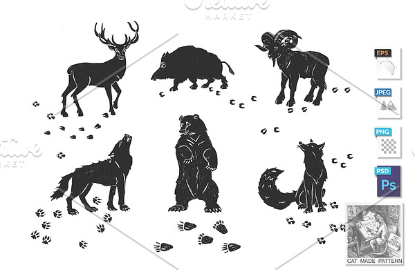 Forest animals icons and traces set