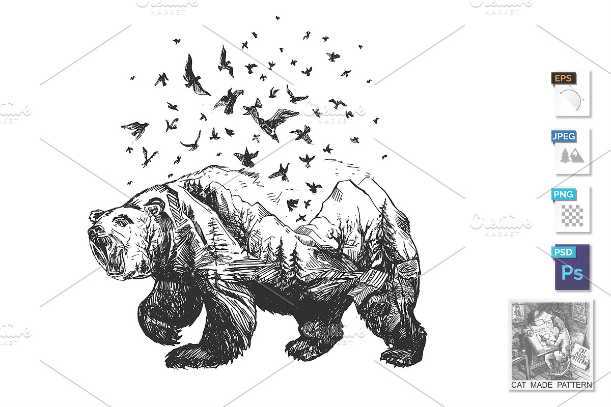 Creative wild bear silhouette sketch in Illustrations - product preview 8