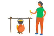 Woman Cooking Soup on Fire Vector