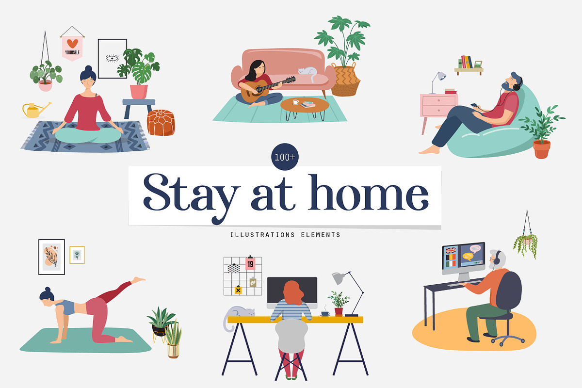 Stay at home, set of illustrations in Illustrations - product preview 8